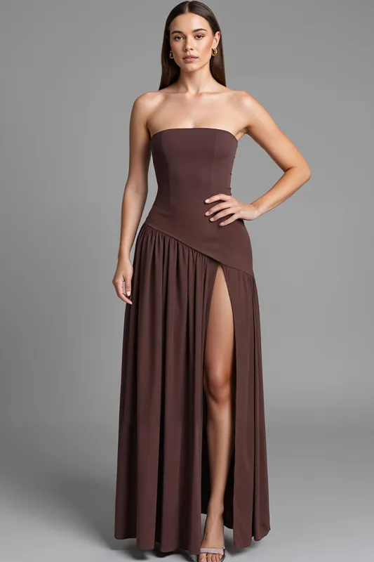 Coffee Strapless A Line Cotton Ruched Evening Dress with Slit sold by Zapaka