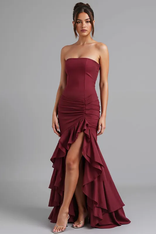 Dark Red Strapless Chiffon Mermaid High-Low Evening Dress sold by Zapaka