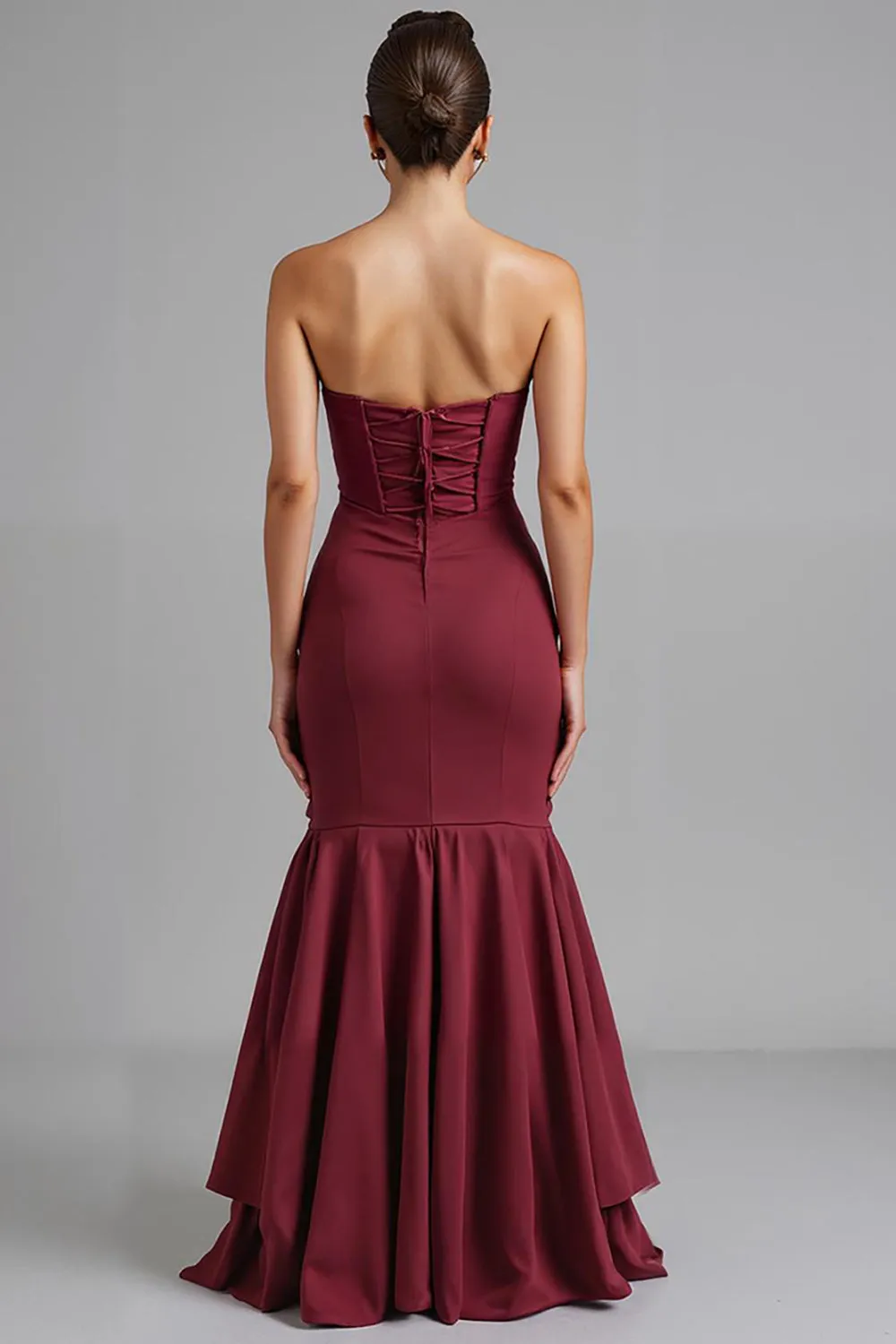 Dark Red Strapless Chiffon Mermaid High-Low Evening Dress sold by Zapaka product image thumbnail 2