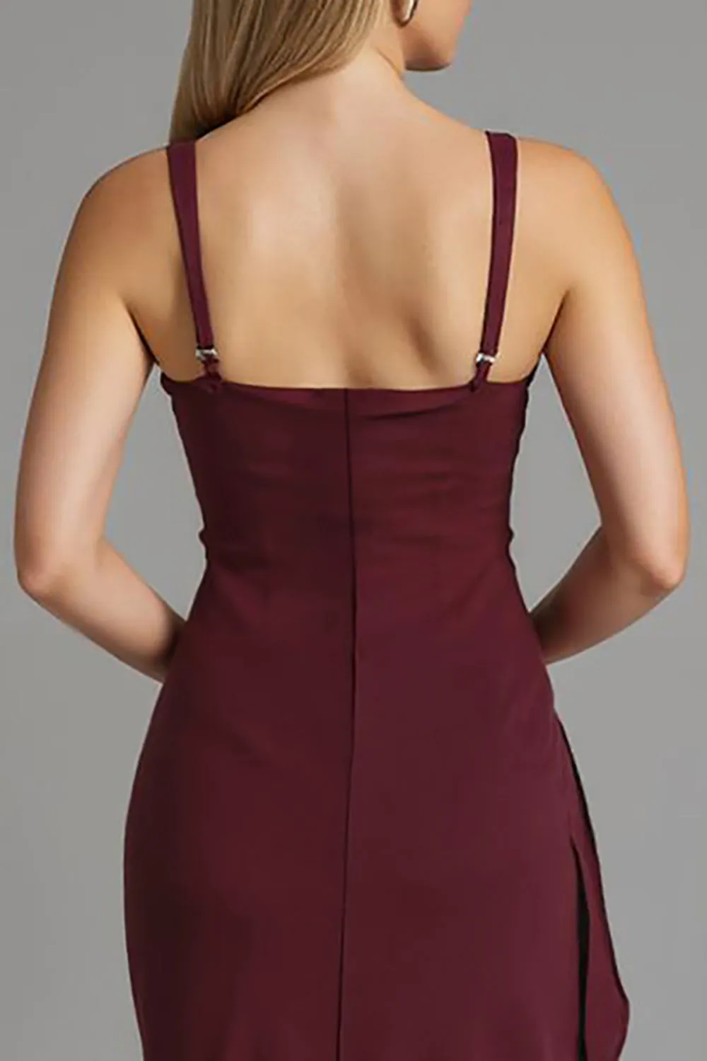 Dark Red Spaghetti Straps Sheath Satin Evening Dress with Slit sold by Zapaka product image thumbnail 4