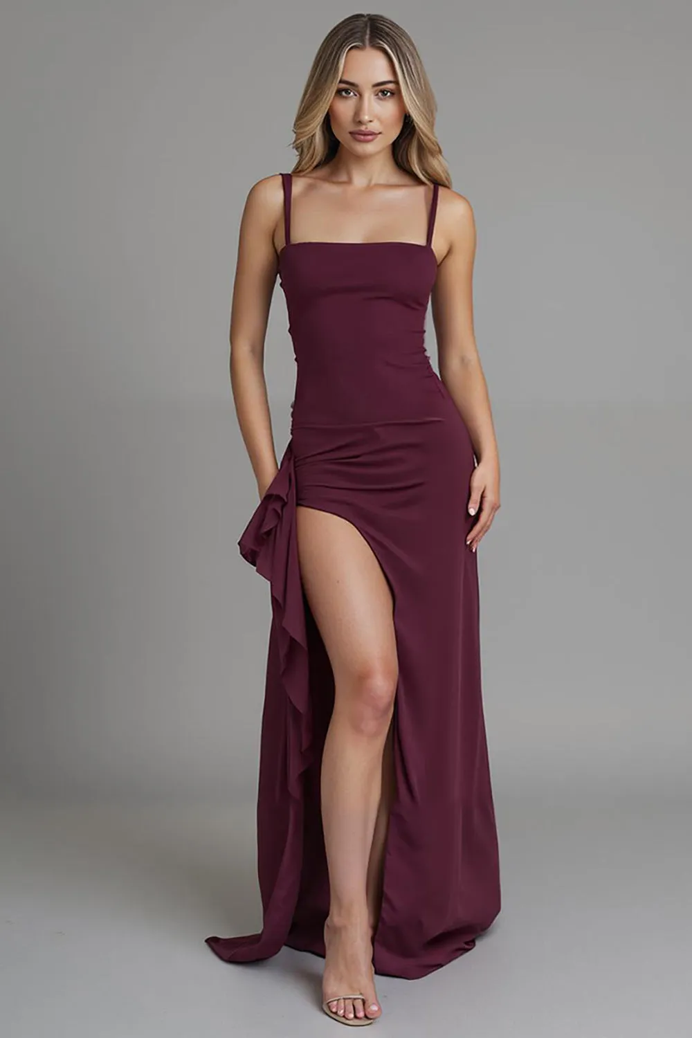 Dark Red Spaghetti Straps Sheath Satin Evening Dress with Slit sold by Zapaka