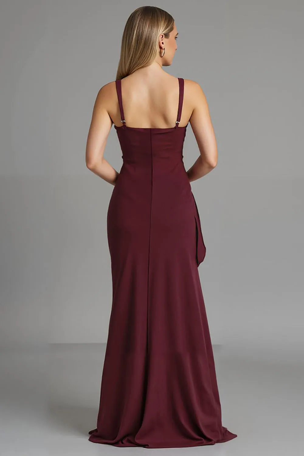 Dark Red Spaghetti Straps Sheath Satin Evening Dress with Slit sold by Zapaka product image thumbnail 2