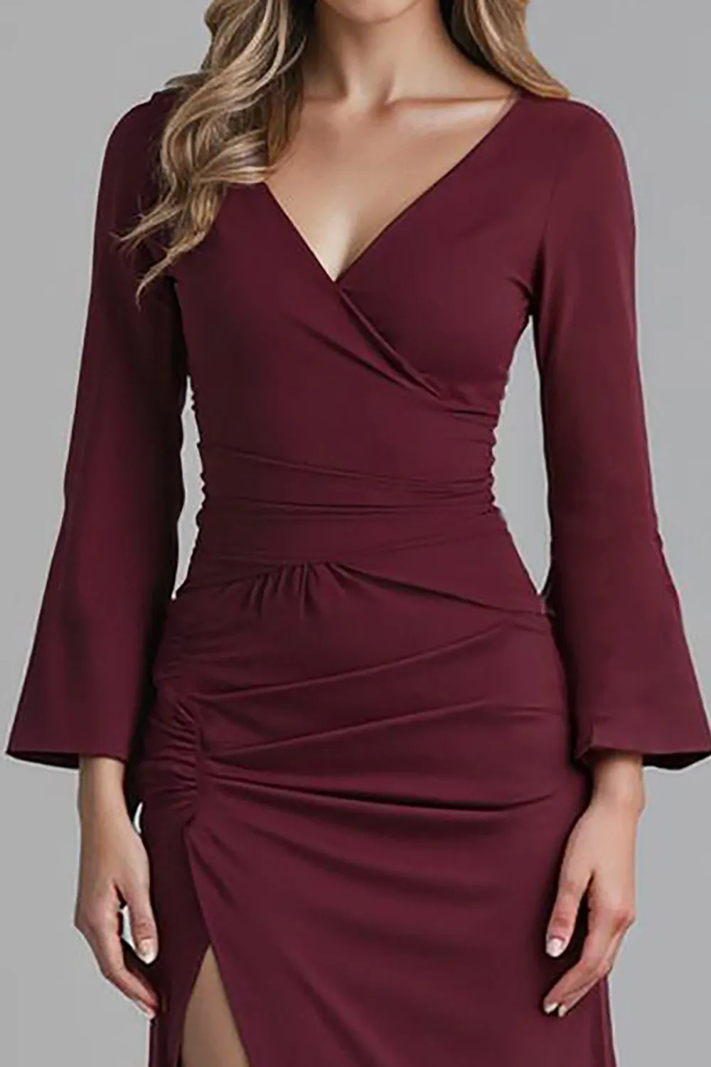Dark Red V Neck Satin Mermaid Evening Dress with Slit sold by Zapaka product image thumbnail 3