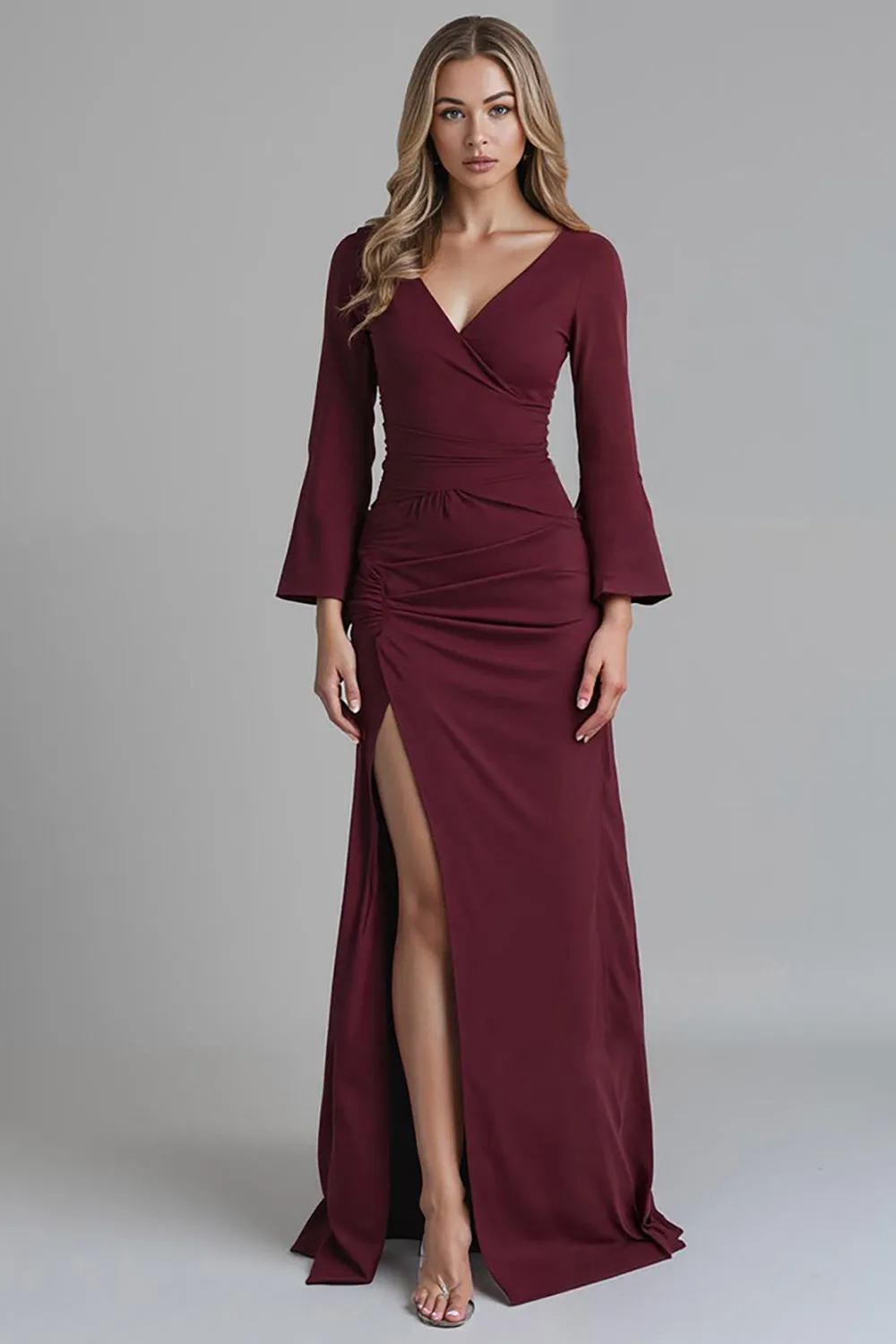 Dark Red V Neck Satin Mermaid Evening Dress with Slit sold by Zapaka