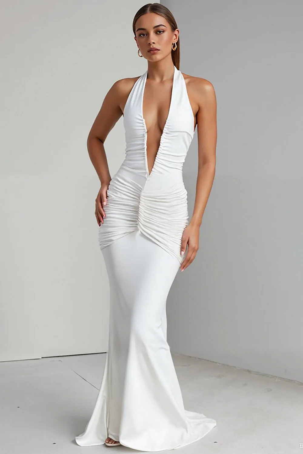 Ivory Halter Mermaid Chiffon V Neck Long Evening Dress sold by Zapaka