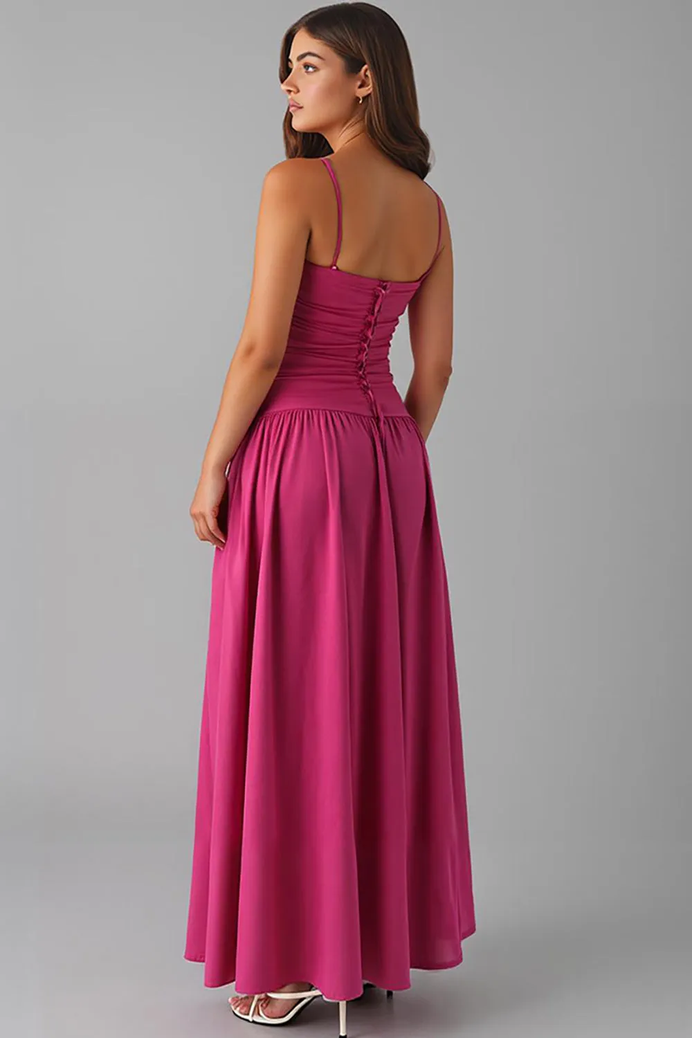 Spaghetti Straps A Line Fuchsia Cotton Evening Dress sold by Zapaka product image thumbnail 2