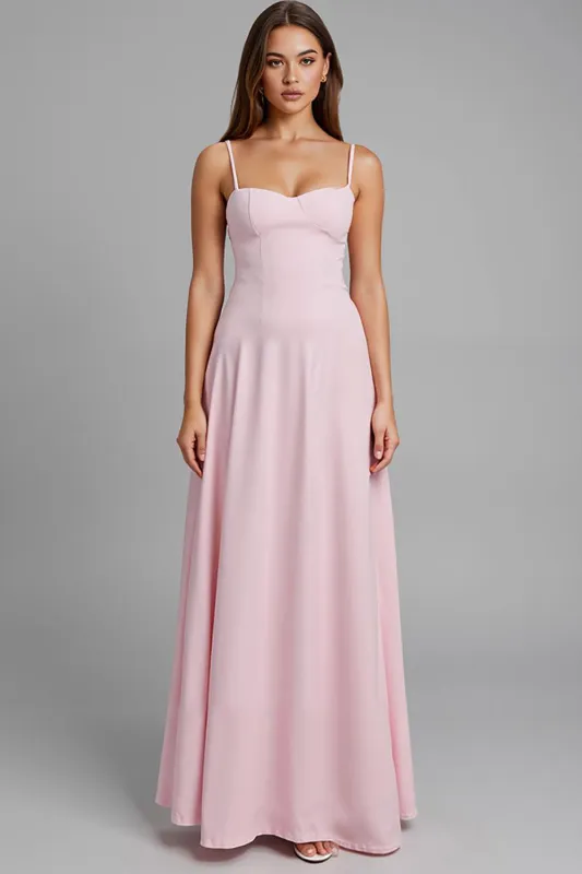 Simple Light Pink A Line Spaghetti Straps Long Evening Dress sold by Zapaka