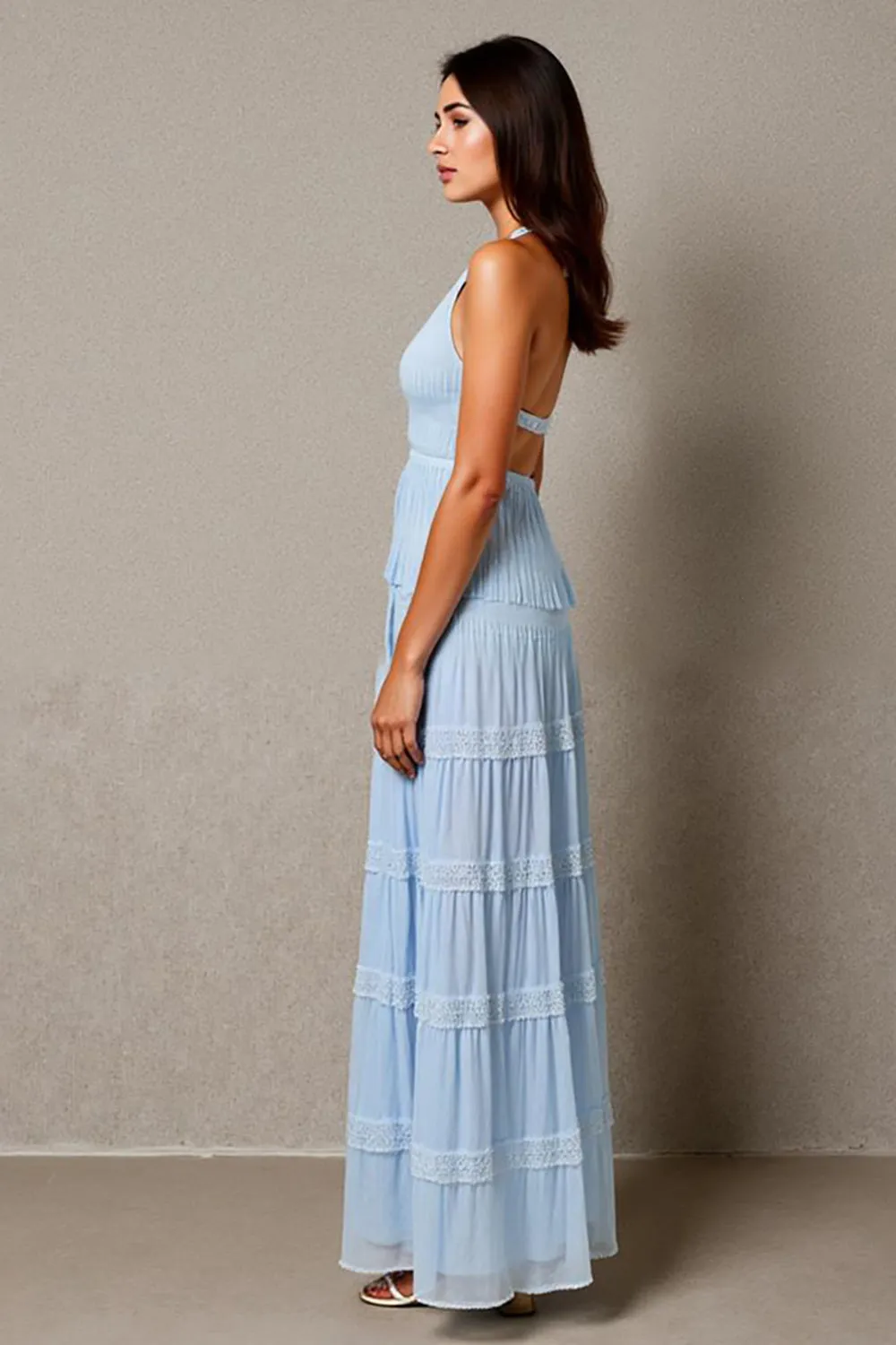 Halter A Line Sky Blue Ruched Evening Dress sold by Zapaka product image thumbnail 3