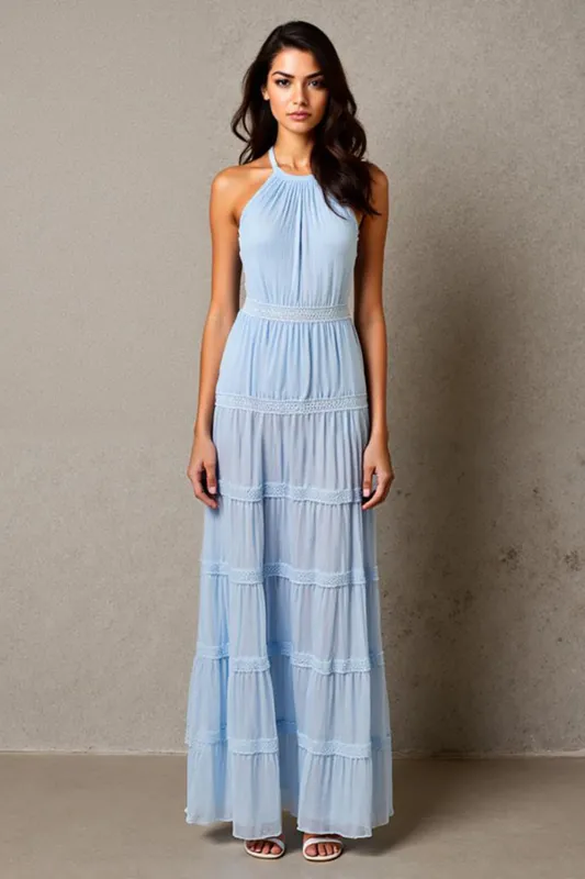 Halter A Line Sky Blue Ruched Evening Dress sold by Zapaka