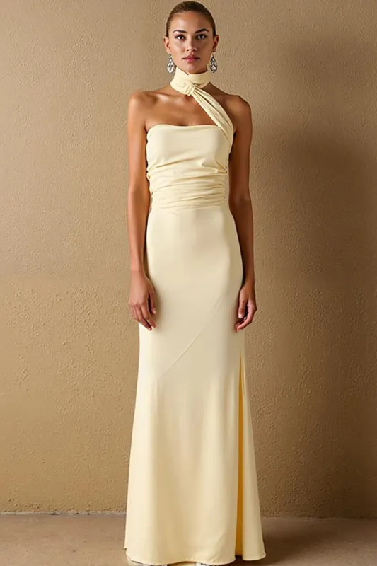 Daffodil Satin Sheath Halter Long Evening Dress sold by Zapaka