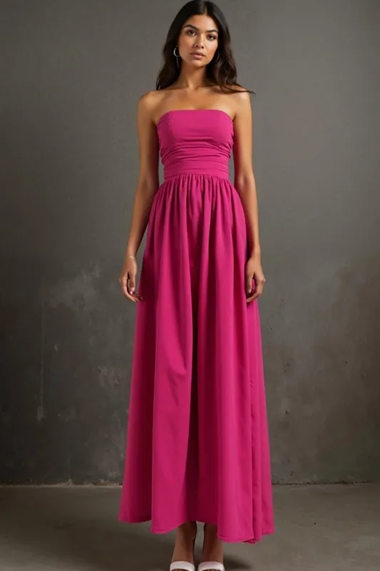 Fuchsia A Line Ruched Cottton Strapless Evening Dress sold by Zapaka