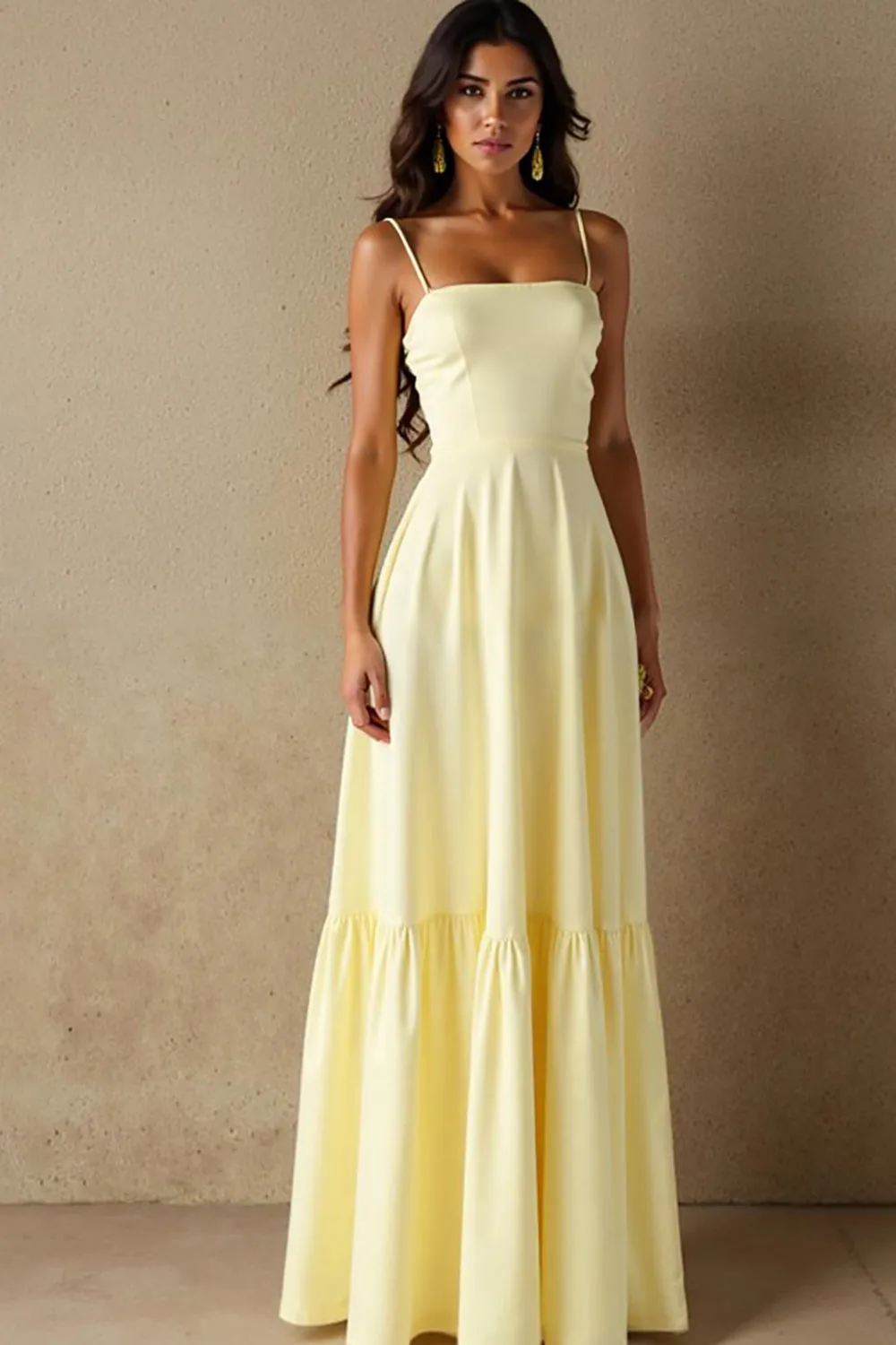 Daffodil Cotton Spaghetti Straps A Line Evening Dress sold by Zapaka