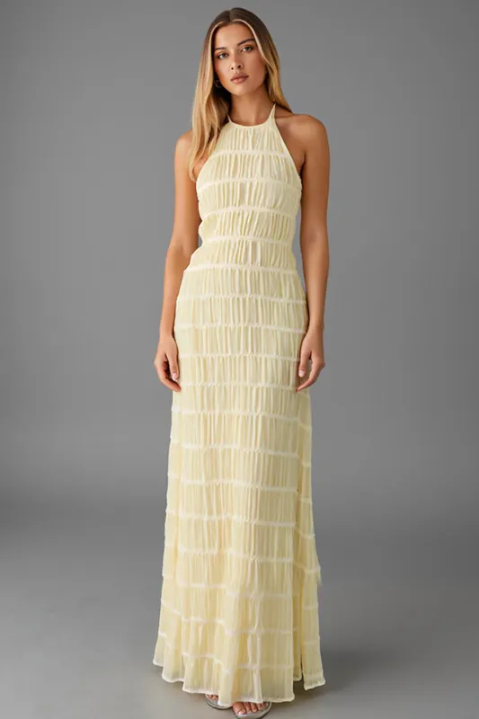 Daffodil Halter Sheath Pleated Chiffon Evening Dress sold by Zapaka