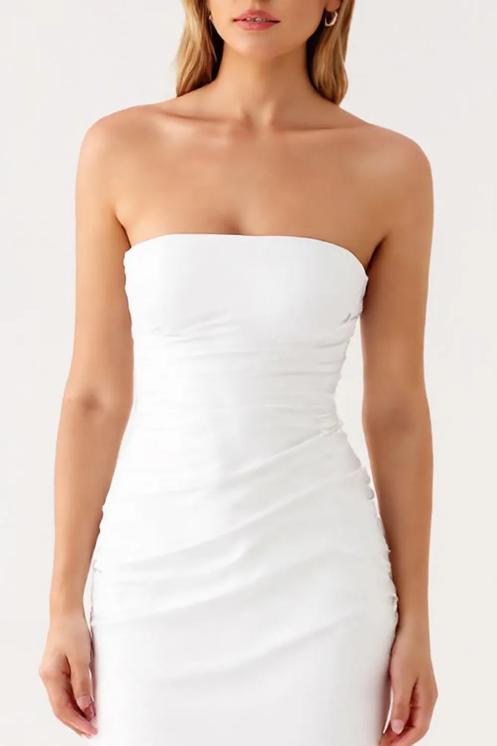 Strapless Ivory Satin Ruched Simple Evening Dress sold by Zapaka product image thumbnail 3