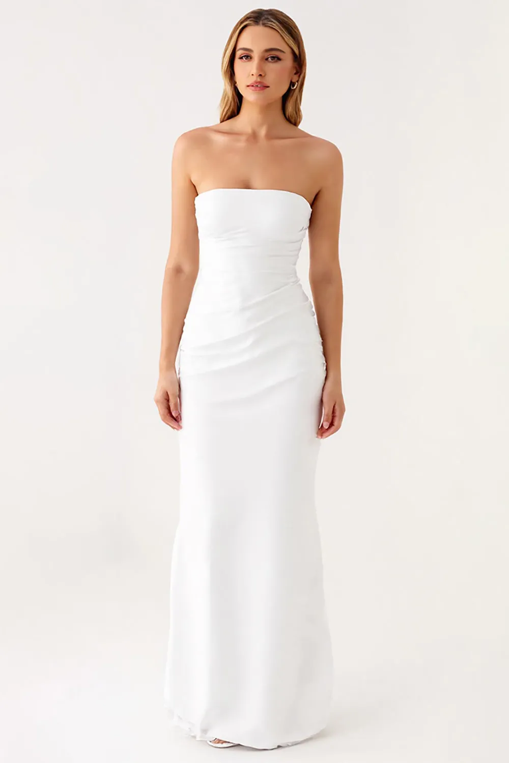 Strapless Ivory Satin Ruched Simple Evening Dress sold by Zapaka