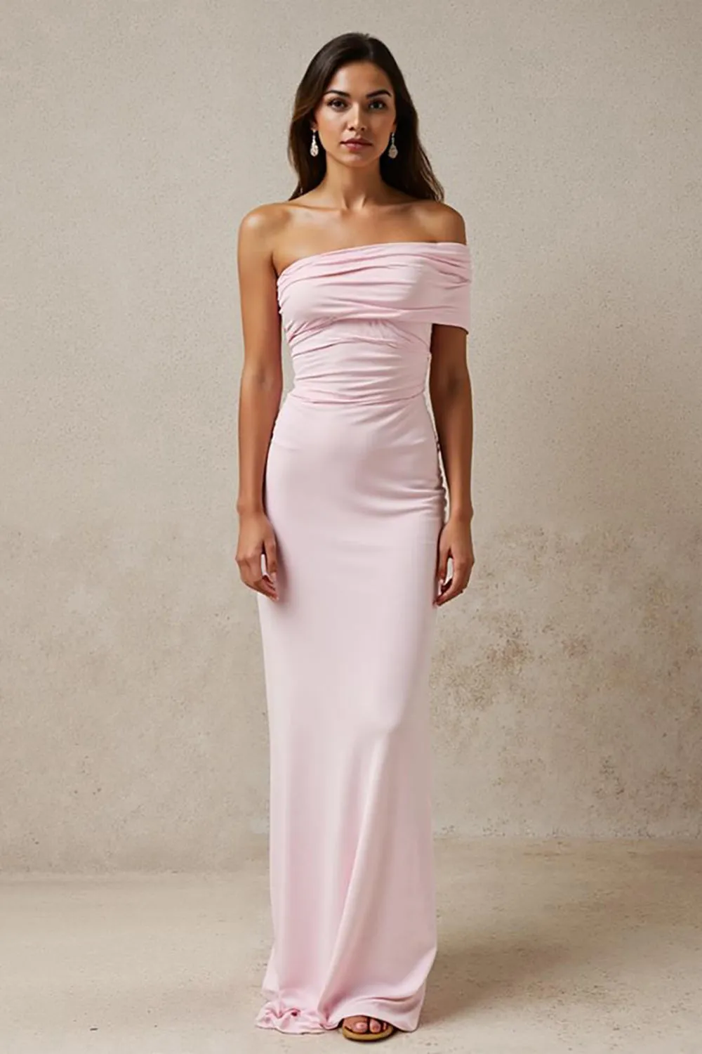 One Shoulder Light Pink Ruched Sheath Long Evening Dress sold by Zapaka