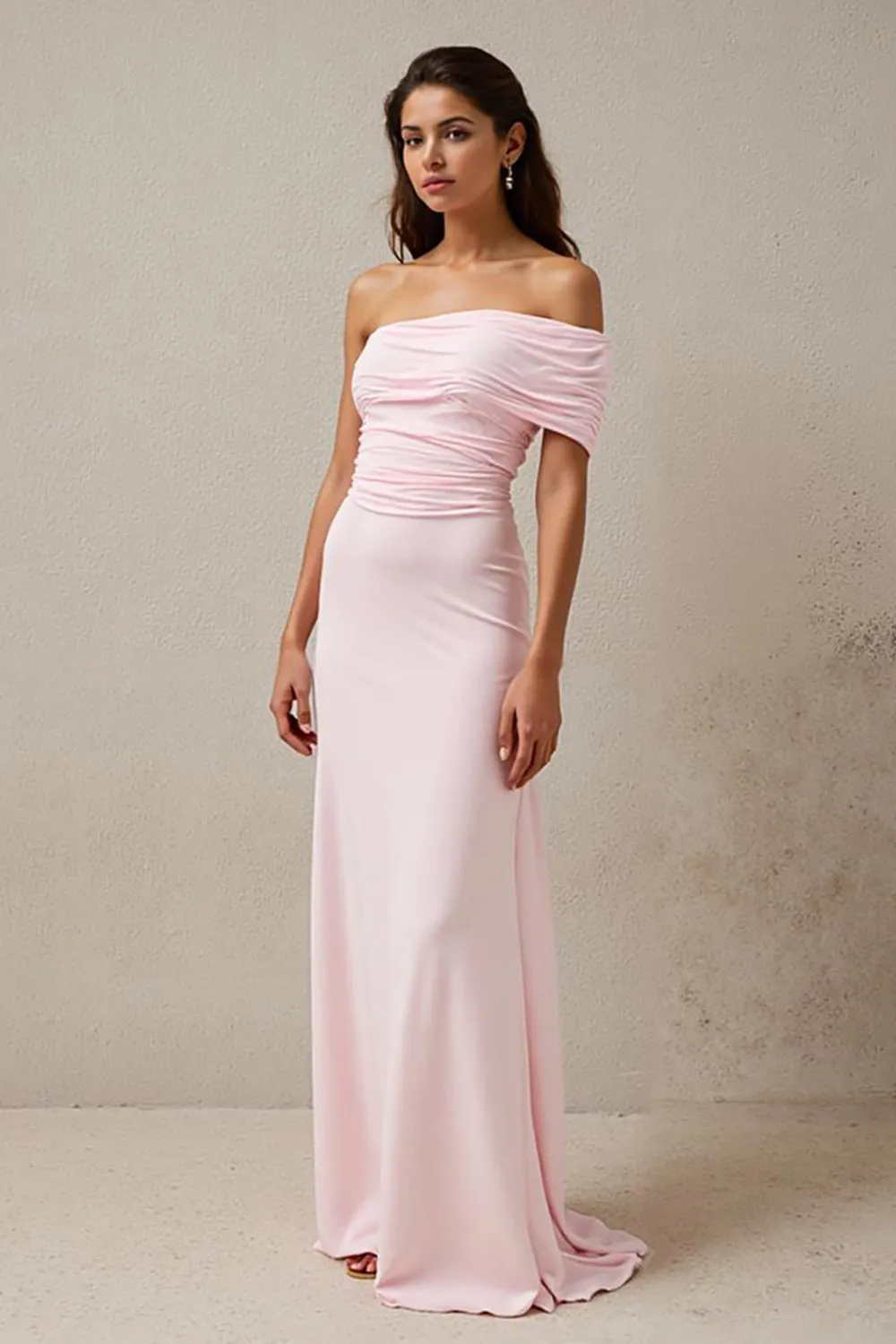 One Shoulder Light Pink Ruched Sheath Long Evening Dress sold by Zapaka product image thumbnail 2