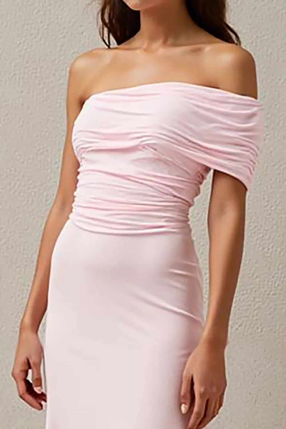 One Shoulder Light Pink Ruched Sheath Long Evening Dress sold by Zapaka product image thumbnail 3