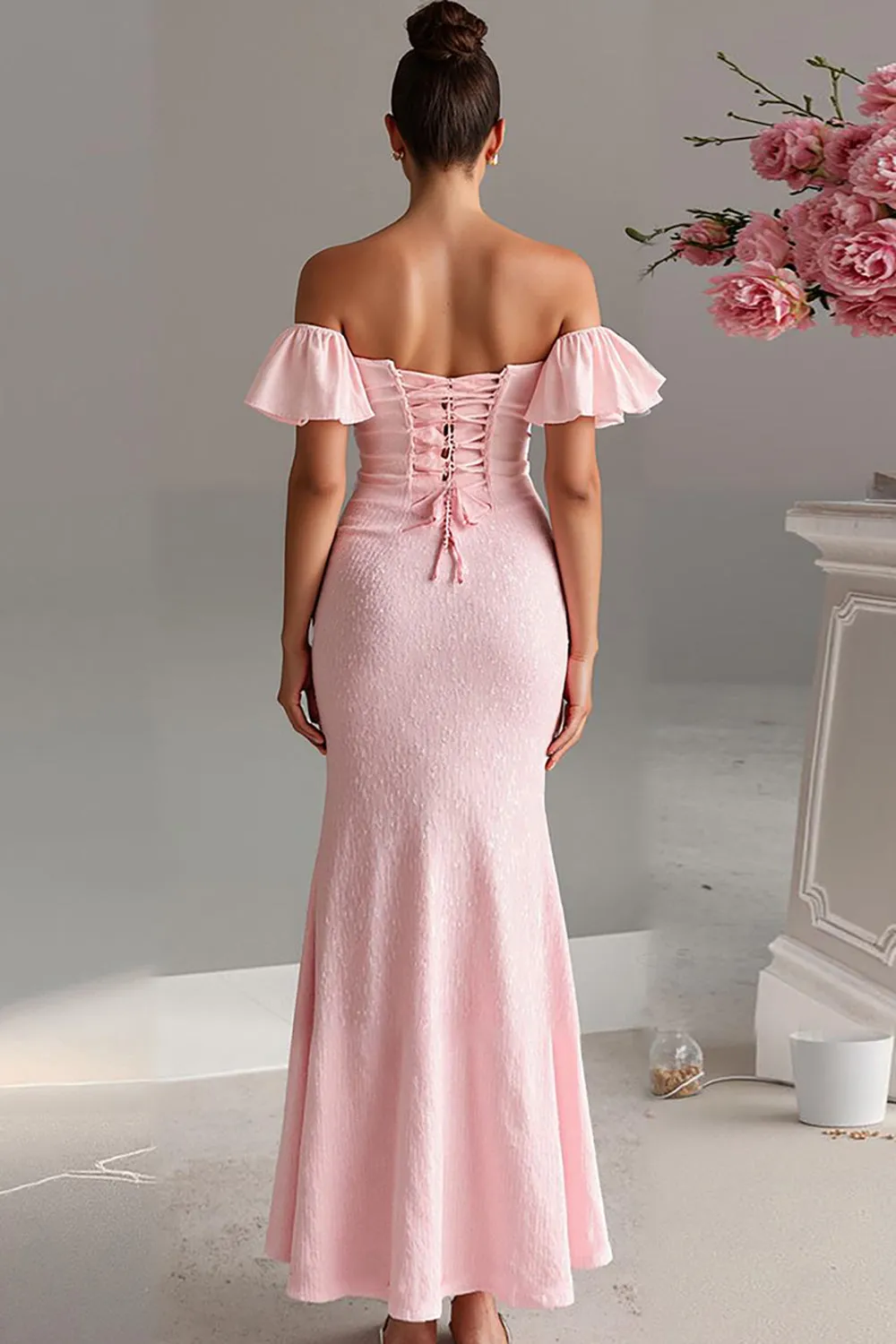 Light Pink Off the Shoulder Mermaid Satin Evening Dress sold by Zapaka product image thumbnail 2
