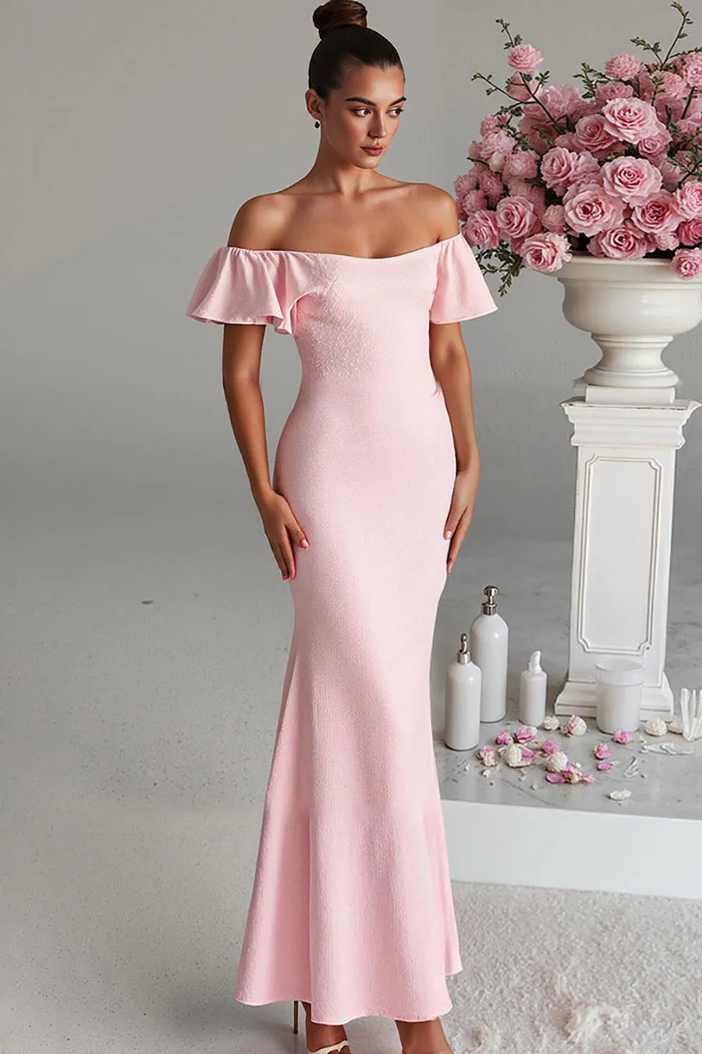 Light Pink Off the Shoulder Mermaid Satin Evening Dress sold by Zapaka