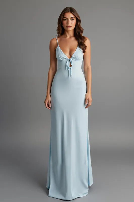 Sky Blue Spaghetti Straps Satin Sheath Evening Dress sold by Zapaka