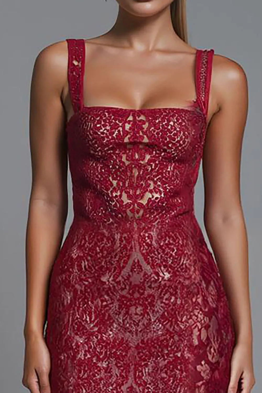 Dark Red Lace Square Neck Sheath Evening Dress sold by Zapaka product image thumbnail 3