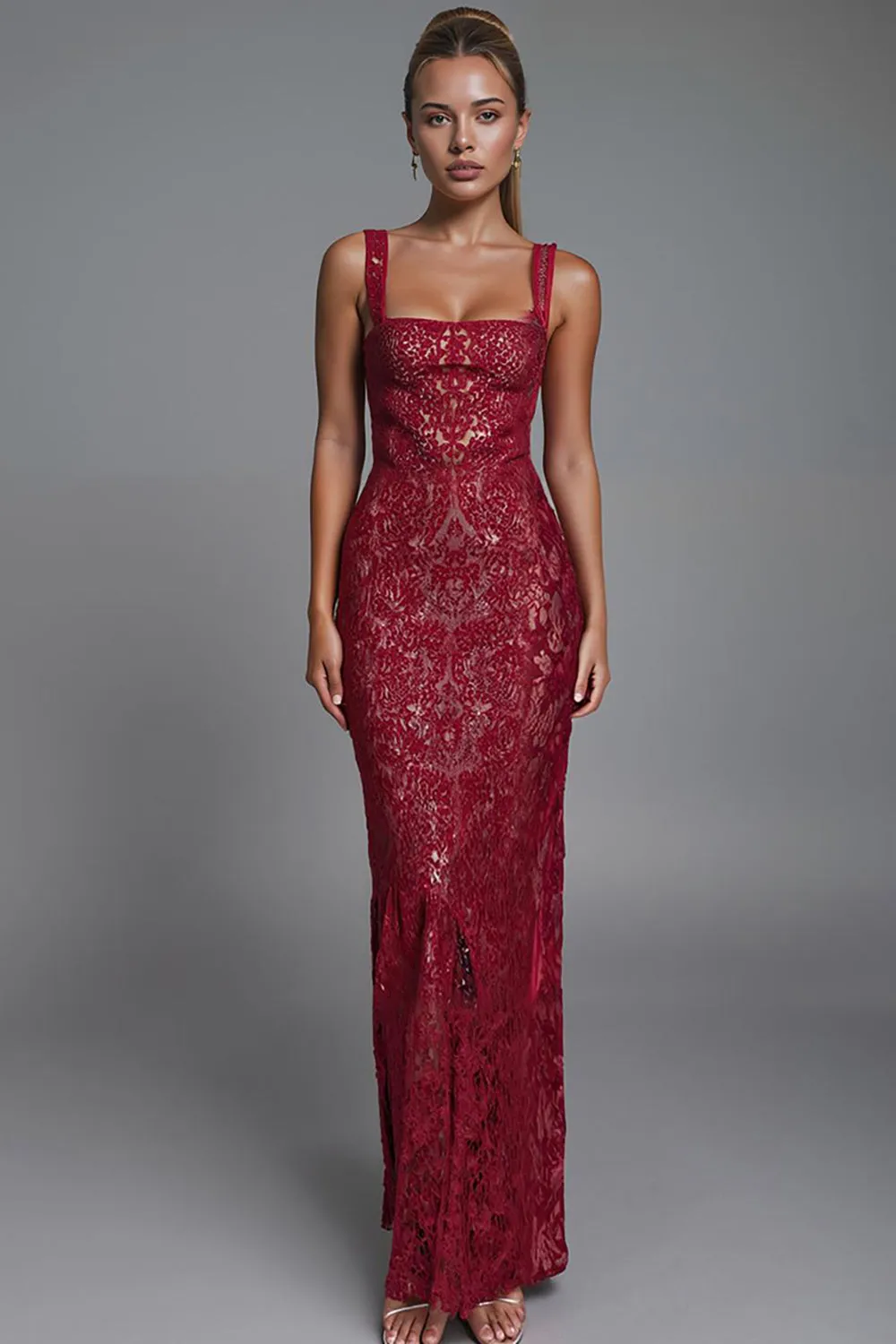 Dark Red Lace Square Neck Sheath Evening Dress sold by Zapaka