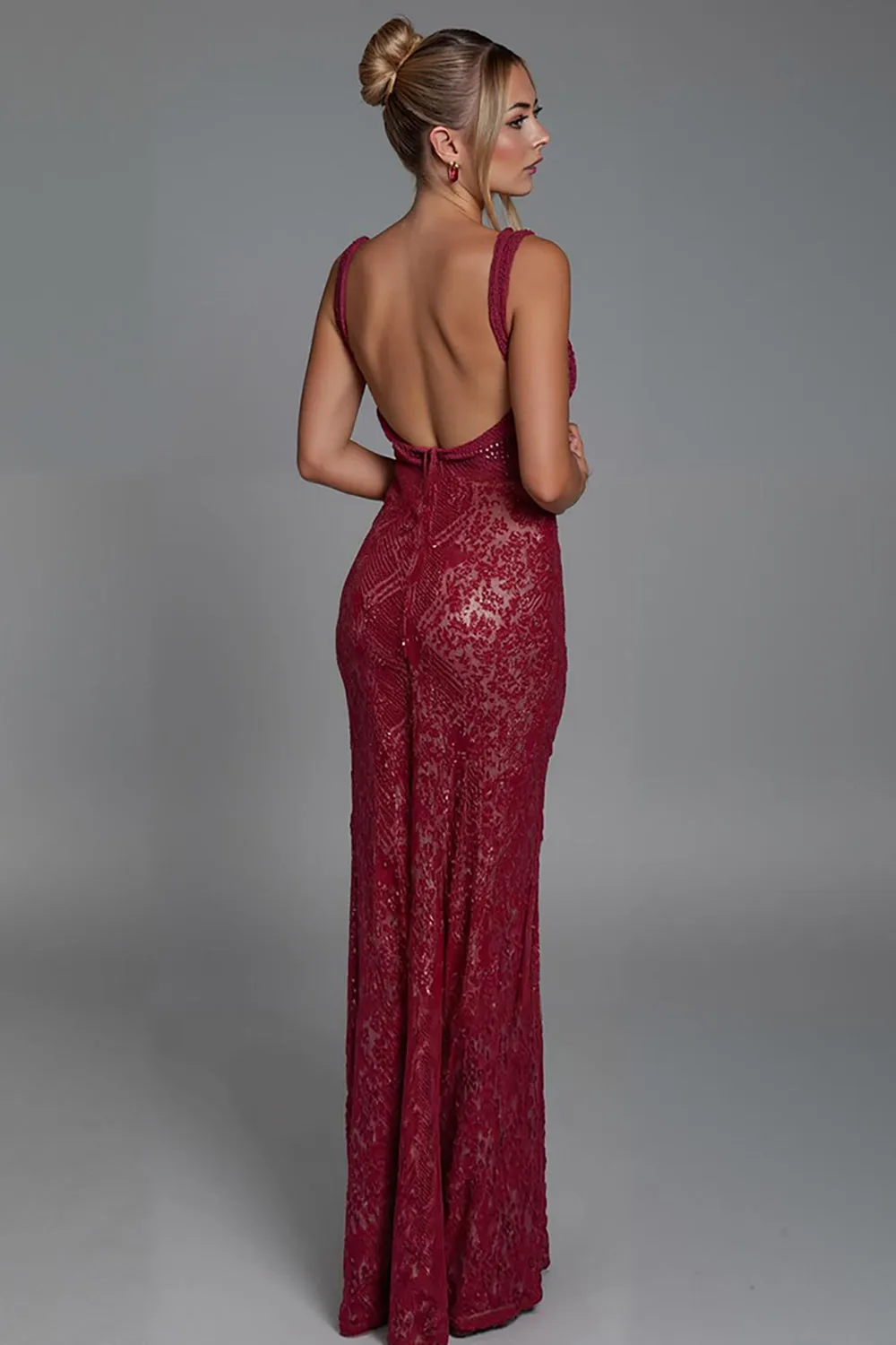 Dark Red Lace Square Neck Sheath Evening Dress sold by Zapaka product image thumbnail 2