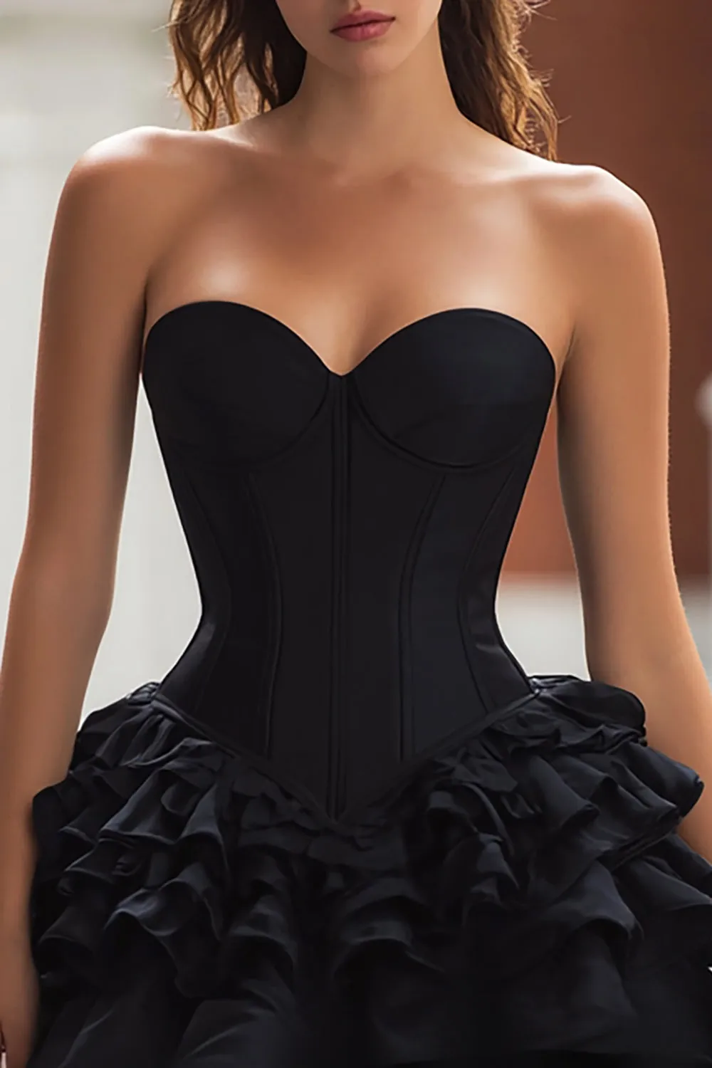 Black Satin Tiered Short Corset Cocktail Dress with Ruffles sold by Zapaka product image thumbnail 2