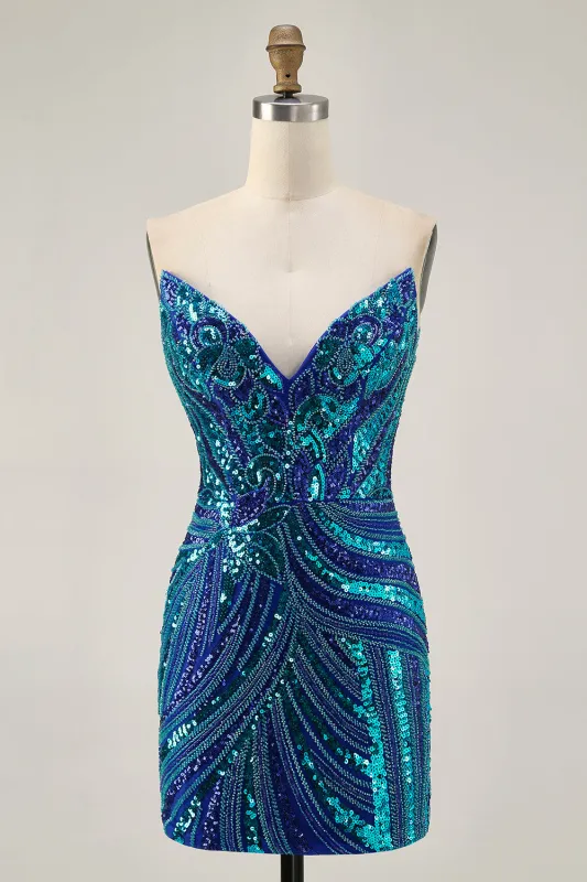 Sparkly Royal Blue Strapless Sequins Short Tight Homecoming Dress with Beading sold by Zapaka