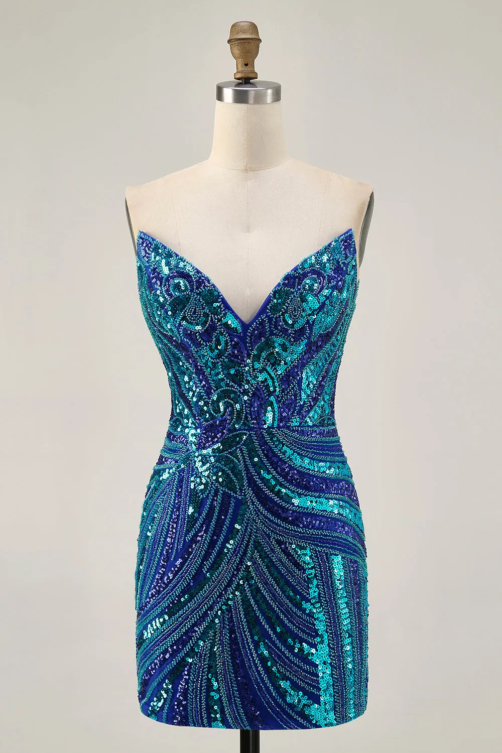 Sparkly Royal Blue Strapless Sequins Short Tight Homecoming Dress with Beading sold by Zapaka