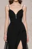A Line Spaghetti Straps Black Tie Dress with Slit sold by Zapaka