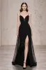 A Line Spaghetti Straps Black Tie Dress with Slit sold by Zapaka