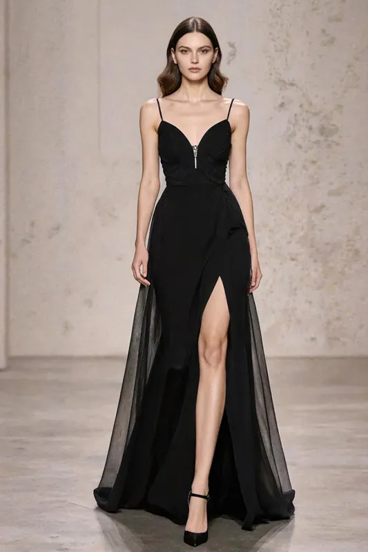 A Line Spaghetti Straps Black Tie Dress with Slit sold by Zapaka