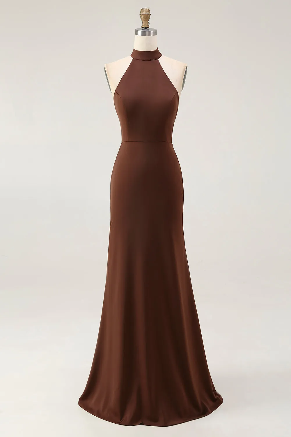Mermaid Halter Coffee Open Back Long Formal Dress sold by Zapaka