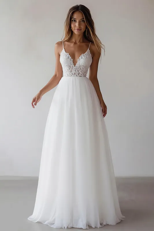 Lace A Line V Neck Long White Wedding Dress sold by Zapaka