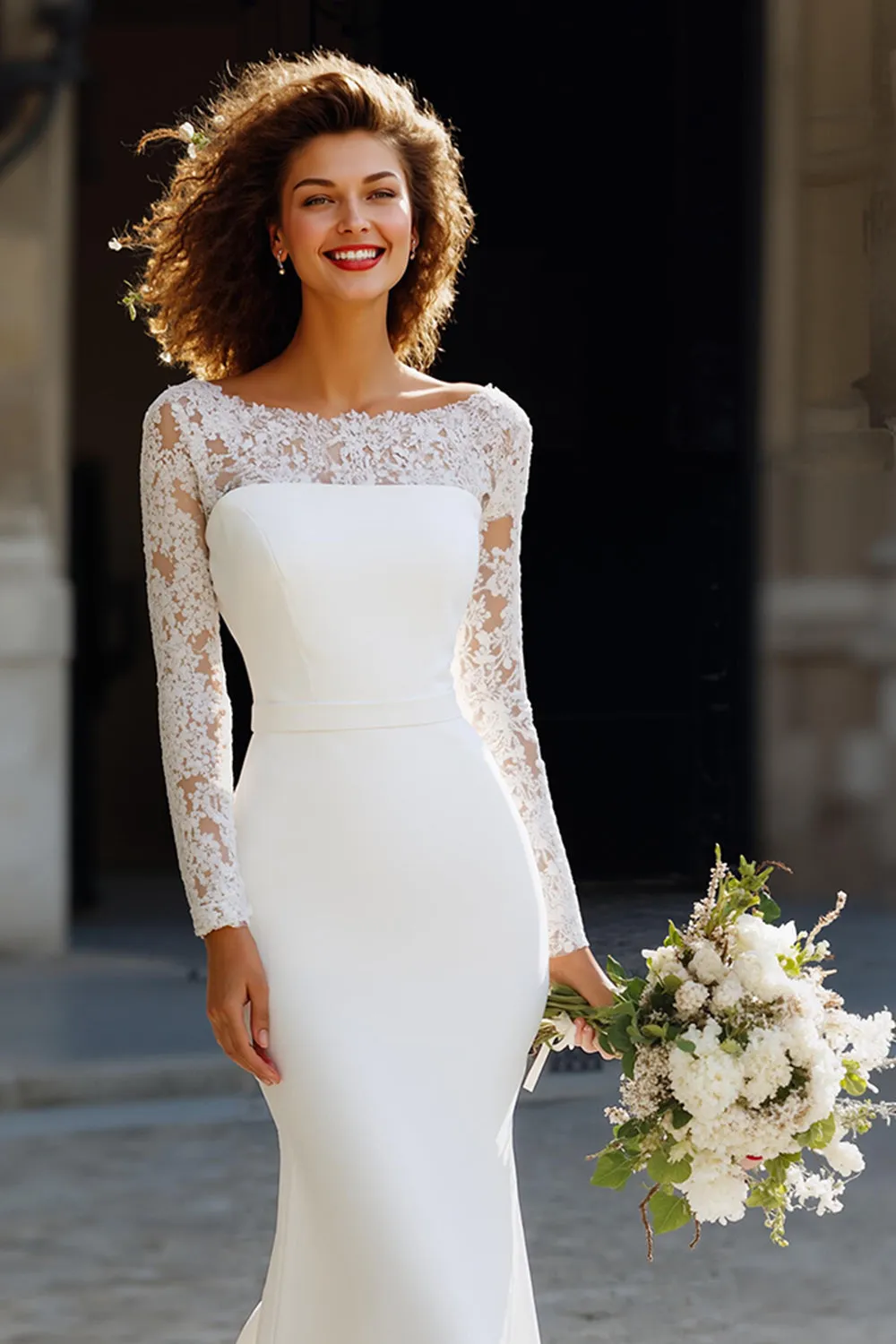 White Chiffon Mermaid Long Sleeves Sweep Train Wedding Dress with Lace sold by Zapaka product image thumbnail 2