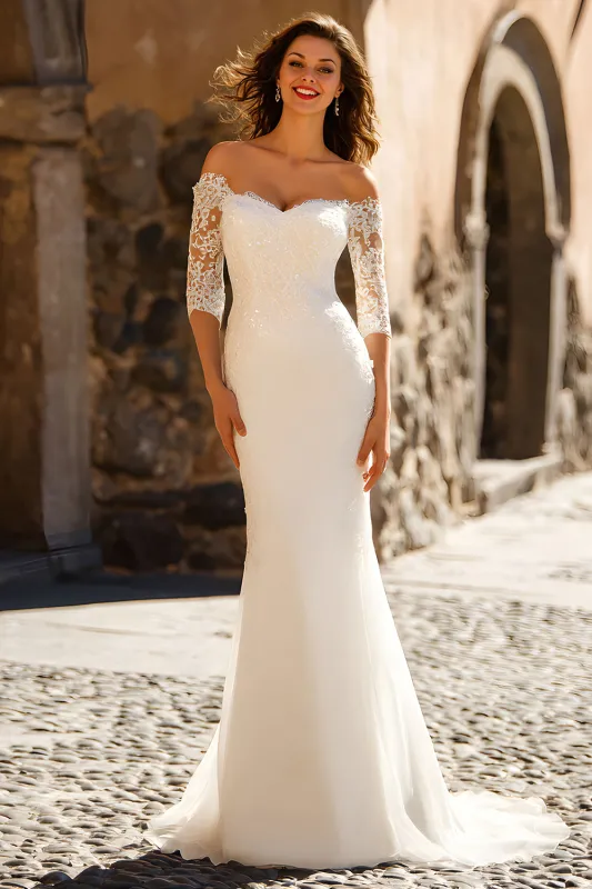 White Off the Shoulder Lace Appliqued Mermaid Wedding Dress sold by Zapaka