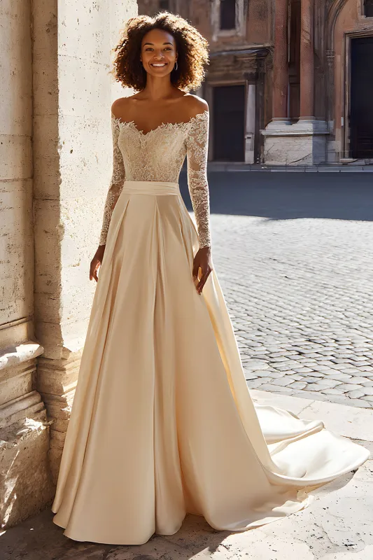 Champagne Off the Shoulder Satin Princess Long Sleeves Sweep Train Wedding Dress with Lace sold by Zapaka