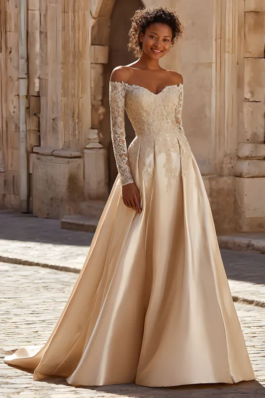 Champagne Satin Off the Shoulder Princess Sweep Train Wedding Dress with Lace sold by Zapaka