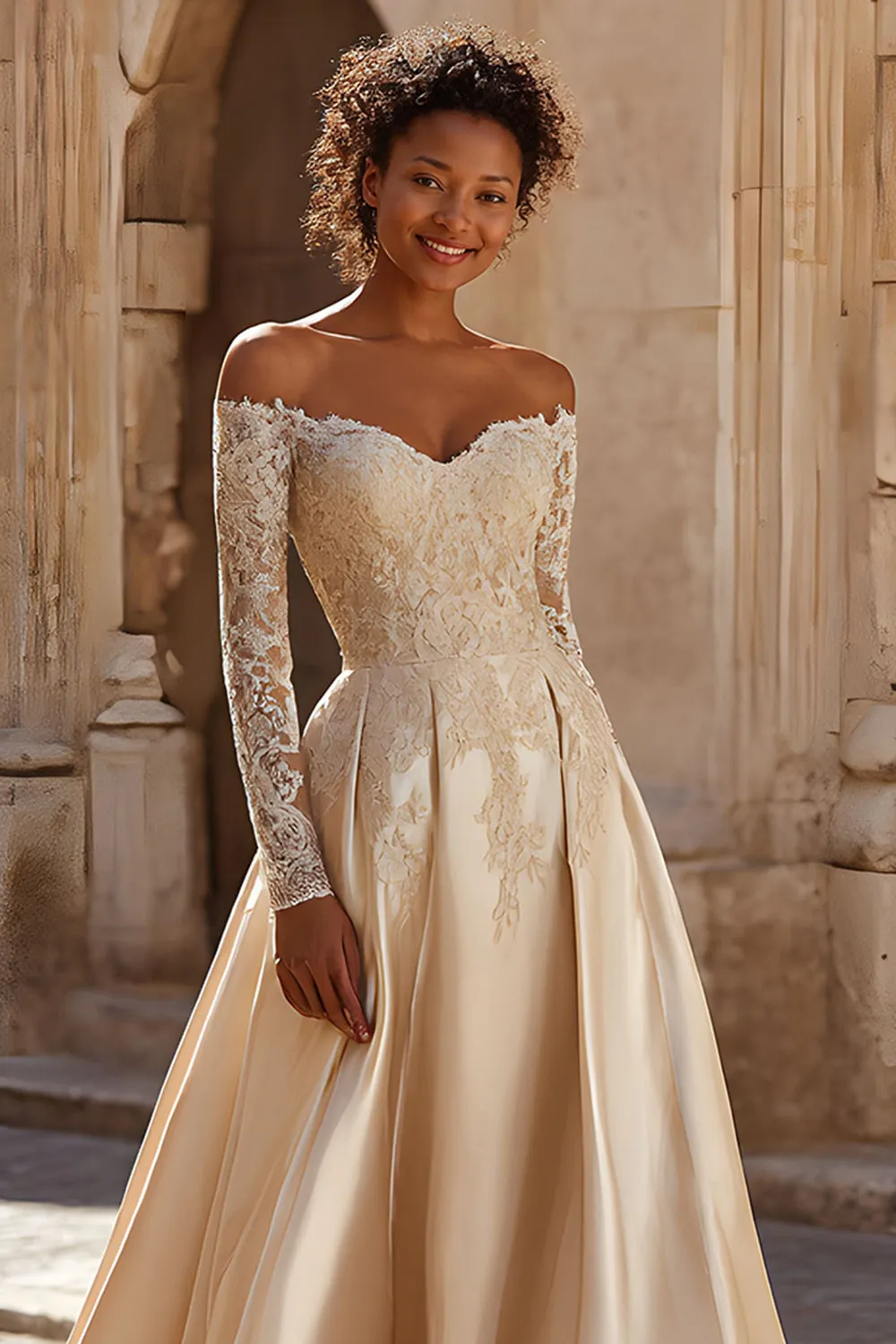 Champagne Satin Off the Shoulder Princess Sweep Train Wedding Dress with Lace sold by Zapaka product image thumbnail 2