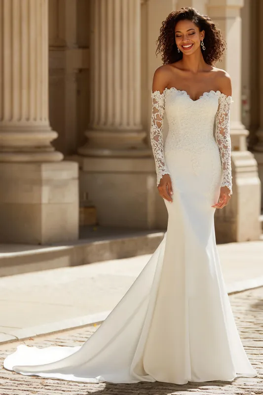 Ivory Off the Shoulder Chiffon Mermaid Sweep Train Wedding Dress with Lace sold by Zapaka