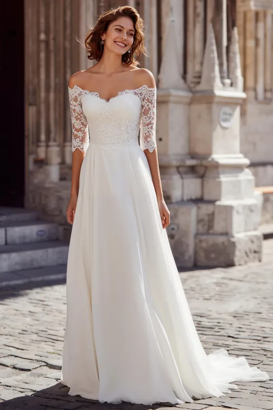 White Chiffon A-Line Off the Shoulder Sweep Train Wedding Dress with Lace sold by Zapaka