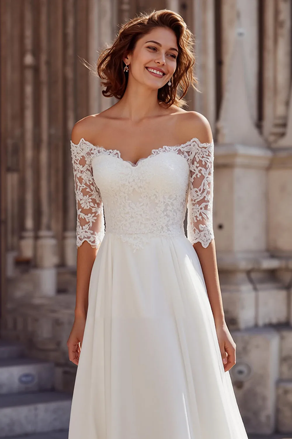 White Chiffon A-Line Off the Shoulder Sweep Train Wedding Dress with Lace sold by Zapaka product image thumbnail 2