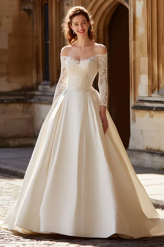 Ivory Satin Long Sleeves Ball Gown Floor Length Wedding Dress with Lace sold by Zapaka