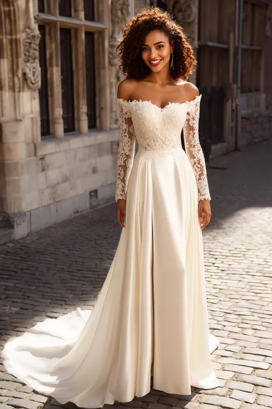 Ivory Off the Shoulder Satin A-Line Sweep Train Wedding Dress with Lace sold by Zapaka