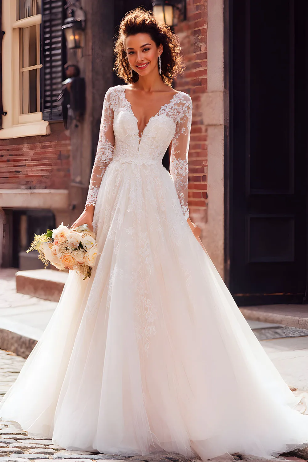 Ivory V-Neck Tulle Princess Long Sleeves Floor Length Wedding Dress with Lace sold by Zapaka