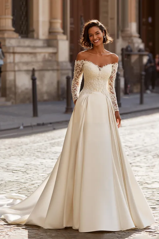 Off the Shoulder A-Line Ivory Lace Appliqued Sweep Train Wedding Dress sold by Zapaka