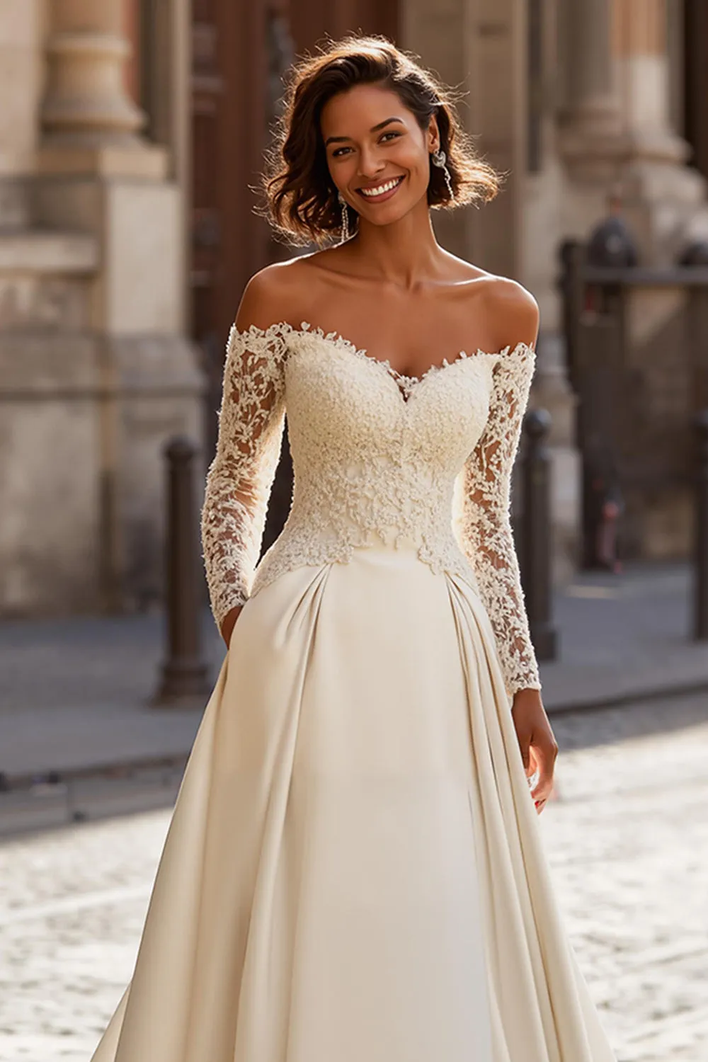 Off the Shoulder A-Line Ivory Lace Appliqued Sweep Train Wedding Dress sold by Zapaka product image thumbnail 2