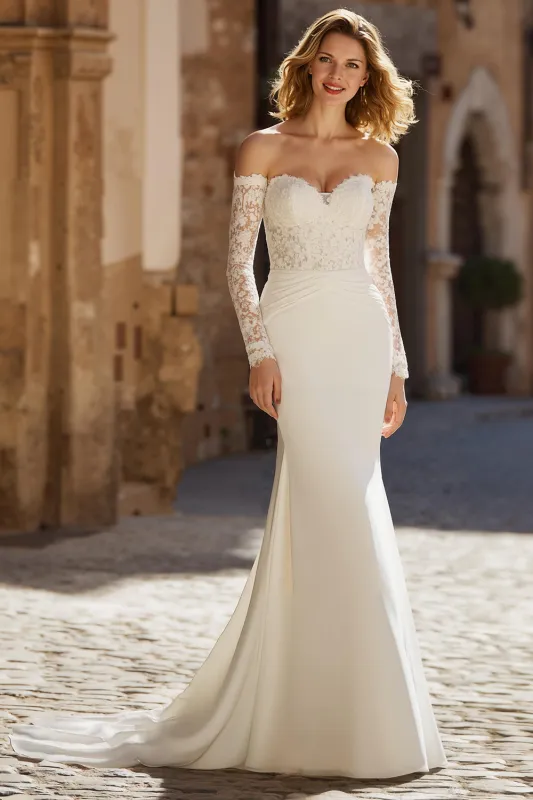 Ivory Mermaid Sweetheart Neck Appliqued Sweep Train Wedding Dress sold by Zapaka